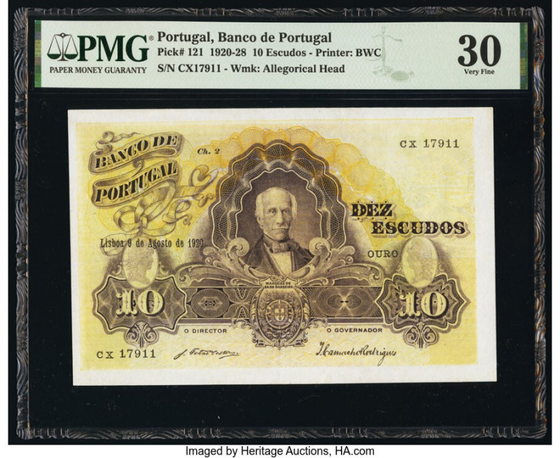 Portugal Banco de Portugal 10 Escudos 9.8.1920 Pick 121 PMG Very Fine 30. Repair...