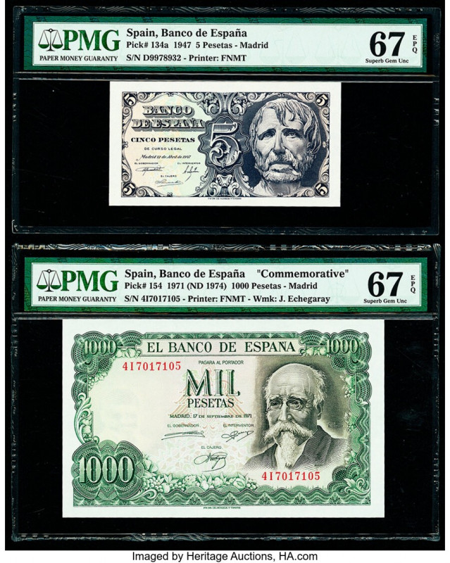 Spain Banco de Espana 5; 1000 Pesetas 1947; 1971 (ND 1974) Pick 134a; 154 Two Ex...