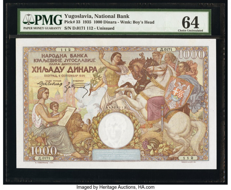 Yugoslavia National Bank 1000 Dinara 6.9.1935 Pick 33 PMG Choice Uncirculated 64...