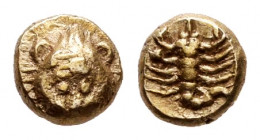 Caria. Mylasa. 1/48 stater. Century VI BC. (SNG Kayhan-925/927). (SNG von Aulock-7795/7796). Anv.: Facing lion's head. Rev.: Scorpion within incuse sq...