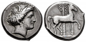 Sicily. Entella. Tetradrachm. 345/38-320/15 BC. (Jenkins-Punic Series 2a). (Hgc-2, 270). Anv.: Head of Kore right, wearing wreath of grain ears, tripl...
