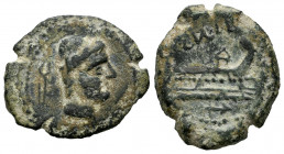 Carteia. Half unit. 80-20 BC. San Roque (Cadiz). (Abh-unlisted). (Acip-unlisted). (C-unlisted). Anv.: Vulcan head to the right, behind pincers. Rev.: ...