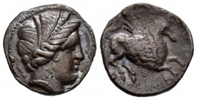 Emporiton. Drachm. Century III-II BC. Cataluña. (Abh-1138). (Acip-289, same dies). Anv.: Female head right, three dolphins around. Rev.: Pegasus, with...