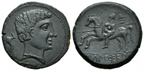 Ikalkusken. Unit. 120-20 BC. Iniesta (Cuenca). (Abh-1399). (Acip-2079). Anv.: Male head right, dolphin behind. Rev.: Horseman left, holding round shie...