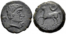 Ikalkusken. Half unit. 120-20 BC. Iniesta (Cuenca). (Abh-1401). (Acip-2080). Anv.: Male head right. Rev.: Horse left, crescent and star above, legend ...
