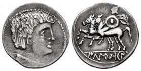 Ikalkusken. Denarius. 120-20 BC. Iniesta (Cuenca). (Abh-1402). (Acip-2084). Anv.: Male head right. Rev.: Horseman left, holding round shield and chlam...