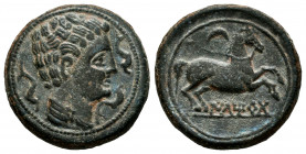 Iltirta. Half unit. 200-20 BC. Lleida (Cataluña). (Abh-1472). (Acip-1265). Anv.: Male head right, three dolphins around. Rev.: Horse right, crescent a...