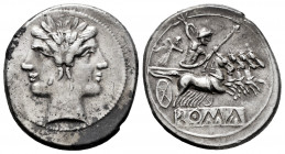 Anonymous. Didrachm - quadrigatus. 225-214 BC. Rome. (Craw-28/3). Anv.: Laureate head of Janus. Rev.: Jupiter standing in galloping quadriga driven by...