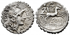 Aurelius. M. Aurelius Scaurus. Denarius. 118 BC. Narbo. (Ffc-185). (Craw-282/1). (Cal-256). Anv.: Head of Roma right, wearing helmet of Phrygian form,...