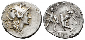 Didius. Titus Didius. Denarius. 112-113 BC. Uncertain mint. (Ffc-675). (Craw-294/1). (Cal-539). Anv.: Head of Roma right, monogram of ROMA behind. X b...