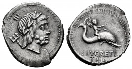 Lucretius. L. Lucretius Trio. Denarius. 76 BC. Rome. (Ffc-824). (Craw-390/2). (Cal-911). Anv.: Laureate head of Neptune right, trident and number III ...