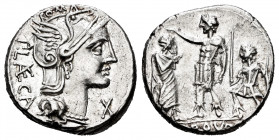 Porcius. P. Porcius Laeca. Denarius. 110-109 BC. Rome. (Ffc-1055). (Craw-301/1). (Cal-1201). Anv.: Head of Roma right, ROMA., above, X below chin, P. ...