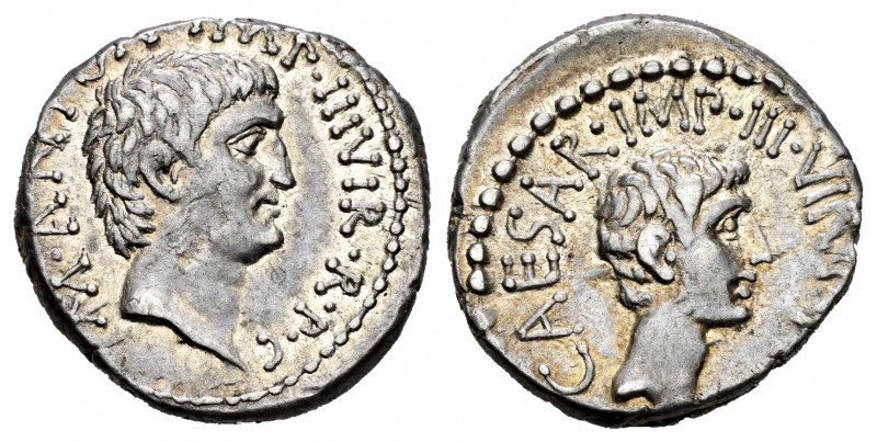 Mark Antony and Octavian. Denarius. 43-42 BC. mint moving with M. Antony. (Craw-...