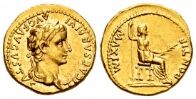 Tiberius. Aureus. 14-37 AD. Lugdunum. (Ric-27 var). (Cal-305). (Ch-15). Anv.: TI CAESAR DIVI AVG F AVGVSTVS Laureate head right. Rev.: PONTIF MAXIM Pa...