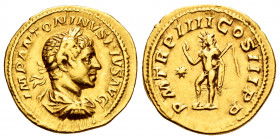 Elagabalus. Aureus. 218-222 AD. Rome. (Ric-37). (Bmc-240). (Cal-3015). Anv.: IMP ANTONINVS PIVS SVG. Laureate and draped bust right. Rev.: P M TR P II...