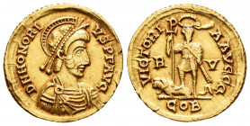 Honorius. Solidus. 408 AD. Ravenna. (Ric-1310). (Depeyrot-3/1). Anv.: D N HONORI – VS P F AVG. Helmeted, diademed, draped and cuirassed bust right. Re...