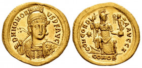 Honorius. Solidus. 397-402 AD. Constantinople. (Ric-X 201). (Depeyrot-73/1). Anv.: D N HONORIVS P F AVG, helmeted bust facing, holding spear over shou...