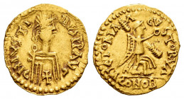 Pseudo-imperial coinage. In the name of Justinus I. Imitation tremissis. Narbona. (Tomasini-JAN I). Anv.: D N IVSTINVS P.P. AVG . Rev.: VICTORIA AGVST...