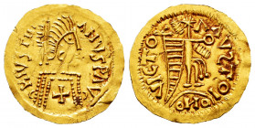 Pseudo-imperial coinage. In the name of Justinianus I. Tremissis. Tarraco?. (Tomasini-JAN 5). Anv.: CHIVSTNIANVS P AVC Diademed and draped bust right,...