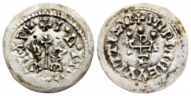 Egica and Witiza (698-702). Tremissis. Ispali (Sevilla). (R. Pliego-742n). (Cnv-566.16). Anv.: + I º A º MEGICAP+. Cruciform scepter flanked by half-l...