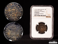 Catholic Kings (1474-1504). 2 maravedis. Burgos. (Cal-70). Ae. Eagle's head at the end of the legend on reverse. Struck for Santo Domingo. Slabbed by ...