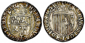 Catholic Kings (1474-1504). 1 real. Toledo. (Cal-451). Ag. 3,34 g. Before the Pragmatica. Shield flanked by dots. Sligthly iridiscent tone. Rare. Choi...