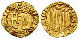Catholic Kings (1474-1504). 1/2 ducado. Valencia. (Cal-unlisted). (Tauler-unlisted). (Cru C.G.-unlisted). Anv.: FERDINANDUS x ELIS. Rev.: +VALENCIE x ...