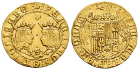 Catholic Kings (1474-1504). Double excelente. Sevilla. (Cal-735/6). (Tauler-208 similar). Anv.: FERNANDUS : ET : IENISABE. Rev.: · · · : SBU :· UNBRA ...