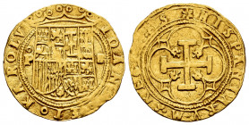 Charles-Joanna (1504-1555). 1 escudo. Segovia. P. (Cal-195). (Tauler-19). Anv.: IOHANA ET KAROLV. Rev.: HISPANIARVM REG(ES) S. Au. 3,22 g. Shield betw...
