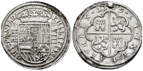 Philip II (1556-1598). 8 reales. 1589. Segovia. (Cal-716). Ag. 26,90 g. Aqueduct with four arches. Excess of metal on obverse. Rare. Choice VF/Almost ...