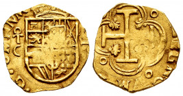 Philip II (1556-1598). 1 escudo. Toledo. C. (Cal-802). (Tauler-53a). Au. 3,40 g. Shield between T/C and value mark I in horizontal position. Legend OM...