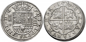 Philip IV (1621-1665). 8 reales. 1630. Segovia. P. (Cal-1588). Ag. 26,81 g. Value in Roman figures and aqueduct with four arches. Minor nick on edge. ...