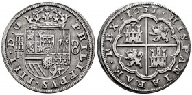 Philip IV (1621-1665). 8 reales. 1635. Segovia. R. (Cal-1608). Ag. 26,98 g. Large aqueduct with 2 arches and 2 floors. Acueducto grande de dos arcos d...