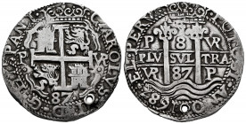 Charles II (1665-1700). 8 reales. 1687. Potosí. VR. (Cal-683). (Lazaro-220). Ag. 26,27 g. Royal type. HISPANI in the end of the legend. Holed. Rare. C...
