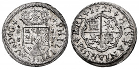 Philip V (1700-1746). 1 real. 1721. Sevilla. J. (Cal-645). Ag. 2,95 g. Mino area of weak strike. Original luster. A good sample. Almost MS. Est...150,...