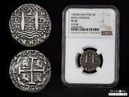 Philip V (1700-1746). 2 reales. 1709/8. Lima. M/H. (Cal-692). Ag. 6,44 g. Royal cob. Two dates (clear 9/8 below cross), three assayers, nicely toned. ...