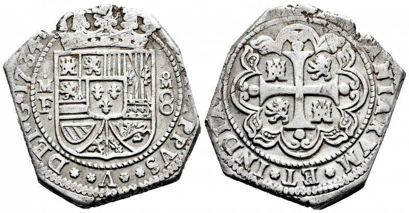 Philip V (1700-1746). 8 reales. 1734/3. México. MF. (Cal-1432). Ag. 26,75 g. Cle...