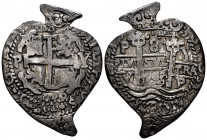 Philip V (1700-1746). 8 reales. 1706. Potosí. Y. (Cal-1523). (Lazaro-322). Ag. 27,18 g. Heart Cut. Of the highest rarity. According to Lázaro, only 3 ...