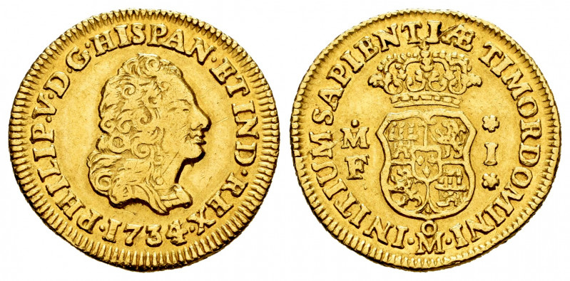 Philip V (1700-1746). 1 escudo. 1734/3. México. MF. (Cal-1746). Au. 3,36 g. Over...