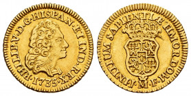 Philip V (1700-1746). 1 escudo. 1735. Madrid. JF. (Cal-1714). Au. 3,34 g. A good sample. Very rare. Almost XF. Est...500,00. 


 SPANISH DESCRIPTIO...