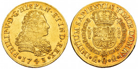 Philip V (1700-1746). 8 escudos. 1743. México. MF. (Cal-2247). (Cal onza-441). Au. Scratches on obverse. Some original luster remaining. Rare. Almost ...
