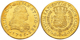 Philip V (1700-1746). 8 escudos. 1745. México. MF. (Cal-2250). (Cal onza-443). Au. 26,96 g. Minor hairlines. It retains some luster. Rare. Choice VF. ...