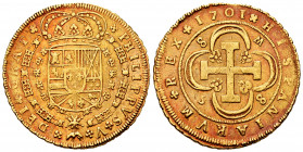 Philip V (1700-1746). 8 escudos. 1701. Sevilla. M. (Cal-2267). (Cal onza-465). Au. 26,93 g. Mintmark, value and assayer on reverse. "Cross" type. Redd...