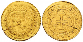 Philip V (1700-1746). 8 escudos. 1704. Sevilla. S-8/8-P. (Cal-2271). (Cal onza-476). Au. 26,87 g. Weak strike. Perfect edge. Planchet crack. Rare. Cho...