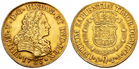 Philip V (1700-1746). 8 escudos. 1733. Sevilla. PA. (Cal-2308). (Cal onza-531). Au. 27,00 g. Without value indication. Very rare. Choice VF. Est...320...