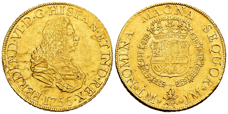 Ferdinand VI (1746-1759). 8 escudos. 1756. Lima. JM. (Cal-771). (Cal-584). Au. 2...