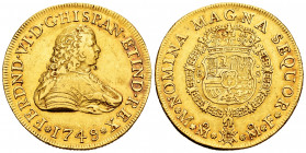 Ferdinand VI (1746-1759). 8 escudos. 1749/8. México. MF. (Cal-782). Au. 27,01 g. Minor punch mark on obverse. Overdate. Rare. Choice VF. Est...2000,00...