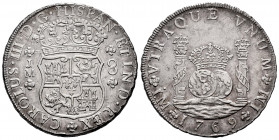 Charles III (1759-1788). 8 reales. 1769. Lima. JM. (Cal-1029). Ag. 27,05 g. Two royal crowns. Pellet above the two LMA. Soft tone. XF. Est...500,00. ...