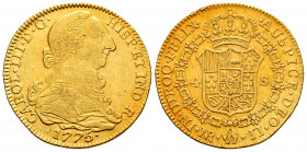Charles III (1759-1788). 4 escudos. 1775. Santa Fe de Nuevo Reino. JJ/VJ. (Cal-1859). (Restrepo-67-2). Au. 13,40 g. Rectified assayers marks. Faint sc...