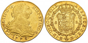 Charles III (1759-1788). 8 escudos. 1773. Madrid. PJ. (Cal-1958). (Cal onza-722 var). Au. 27,03 g. With pellet between assayers. Minimal marks. Some o...